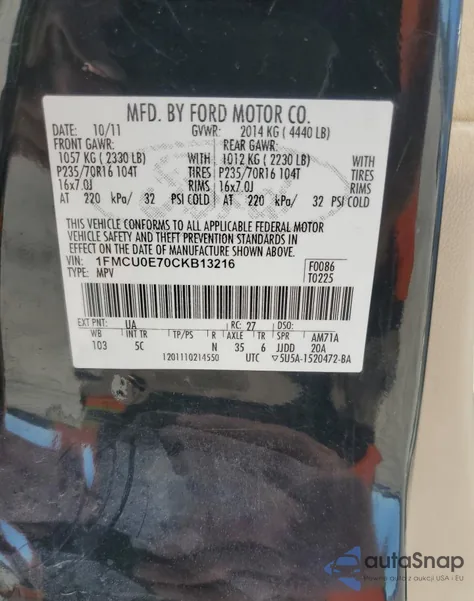 2012 Ford Escape Limited z USA, uszkodzony, nr VIN 1FMCU0E70CKB13216